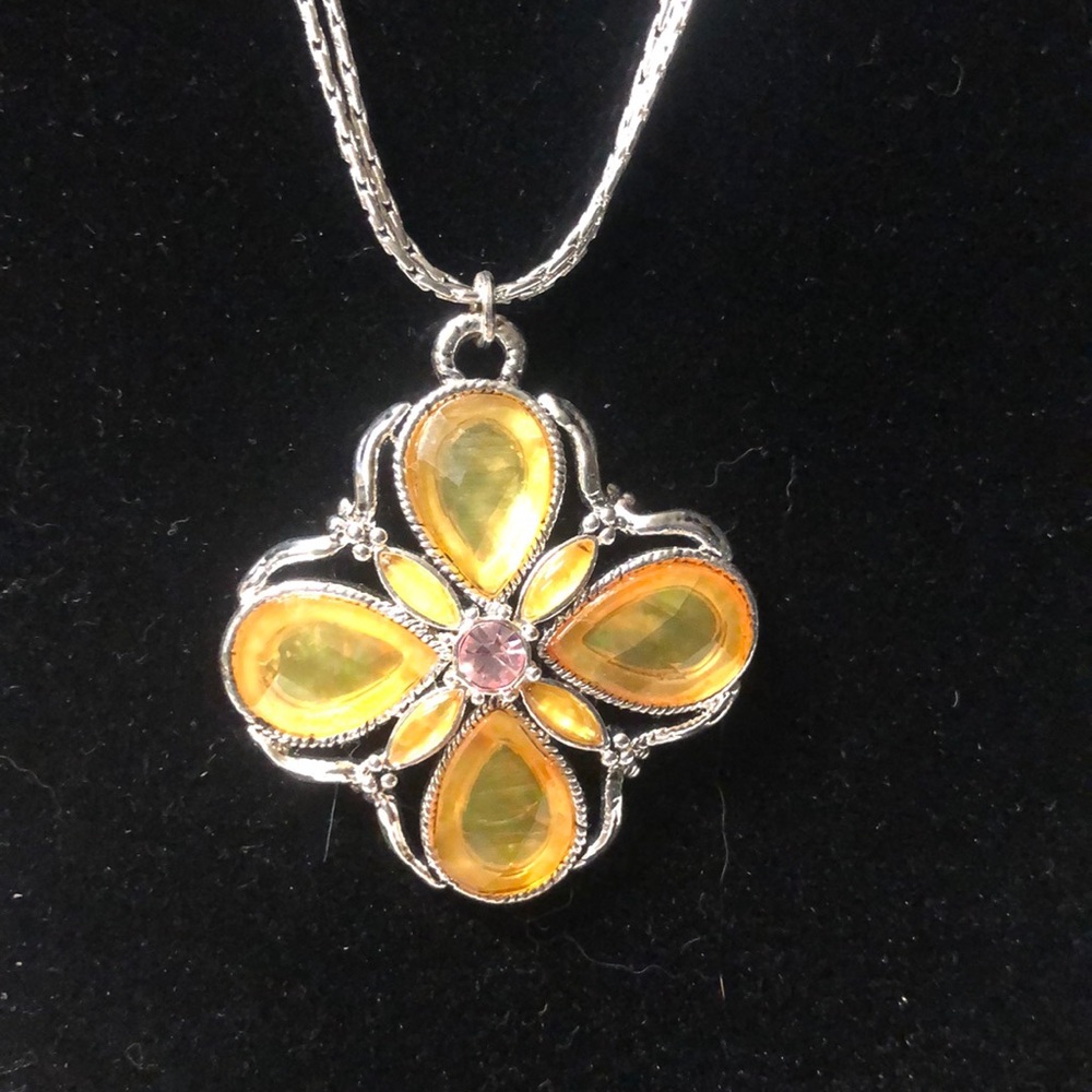 Yellow flower necklace double strand silver chain